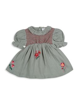 My Milestones - Cotton Half Sleeves Heirloom Embroidered Dress - Green