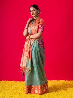 Triyah - Blue Ganga Yamuna Muga Tissue Saree With Unstitched Blouse Fabric