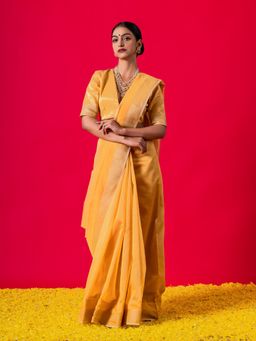Triyah - Dandelion Yellow Gold Metallic Saree With Unstitched Blouse Fabric