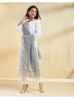 Fabindia - Grey Cotton Silk Blend Chikankari Dupatta