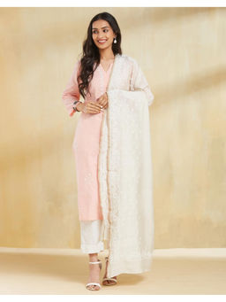 Fabindia - Natural White Cotton Silk Blend Chikankari Dupatta