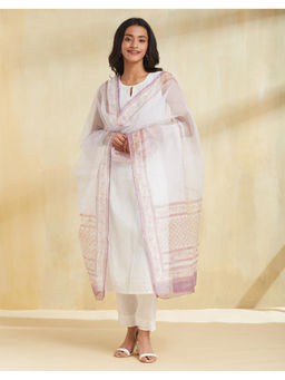 Fabindia - White Cotton Silk Hand Block Printed Dupatta