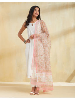 Fabindia - White Cotton Silk Hand Block Printed Dupatta