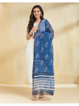 Fabindia - Navy Blue Cotton Silk Dabu Printed Dupatta