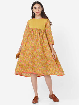 Shaily - Mustard Cotton Floral Printed Casual Dress for Women