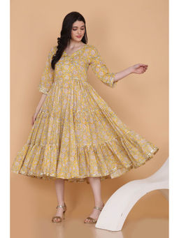 Shaily - Yellow Cotton Floral Printed Casual Dress for Women