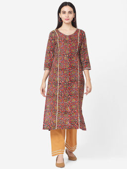 Shaily - Red & Mustard Cotton Floral Printed Kurta with Pants for Women (Set of 2)