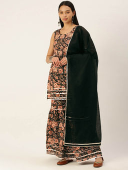 Shaily - Black Cotton Floral Printed Kurta Sharara with Dupatta for Women (Set of 3)