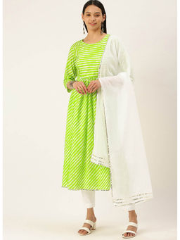 Shaily - Green & White Cotton Leheriya Printed Kurta Pants with Dupatta for Women (Set of 3)