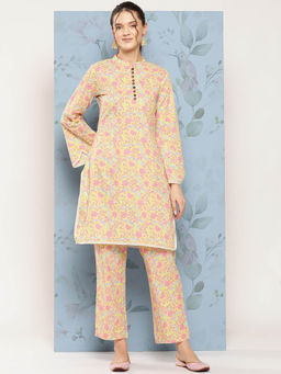 Shaily - Yellow Cotton Floral Printed Kurta with Pants for Women (Set of 2)