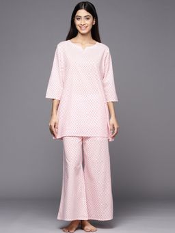 Libas - Pink Cotton Bandhani Chevron Printed Night Suit (Set of 2)