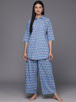 Libas - Blue Cotton Floral Printed Night Suit (Set of 2)