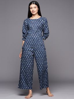 Libas - Blue Cotton All Over Printed with Front Tie-Up Detail Night Suit (Set of 2)