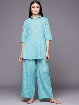 Libas - Turquoise Blue Cotton Floral Printed Shirt with Cotton Printed Pyjama (Set of 2)
