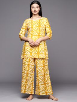 Libas - Mustard Cotton Tie-Dye Printed Kurti with Cotton Printed Pyjama (Set of 2)