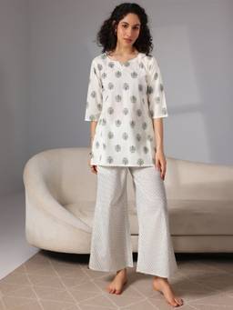 Libas - Cream Floral Printed Kurti with Printed Pyjama (Set of 2)