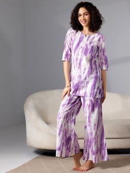 Libas - Purple White Abstract Printed Kurti with Printed Pyjama (Set of 2)