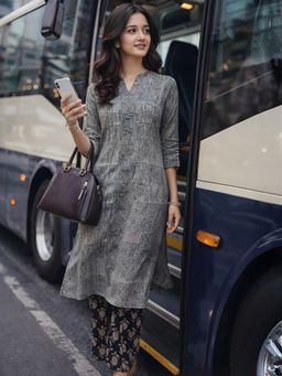 Shaily - Women Black Pure Cambric Cotton Printed Geometric Straight Kurta With Pant (Set of 2)