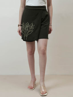 AAREIN - Women Olive Green Embroidered Skorts