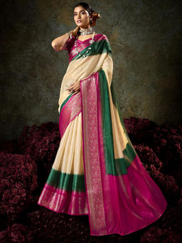 SANSKAR - Beige Jacquard Zari Weave Border Saree with Unstitched Blouse