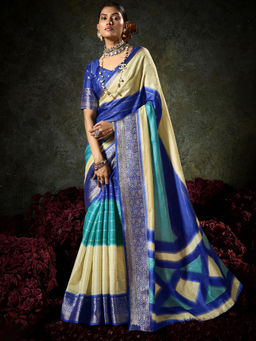 SANSKAR - Blue Jacquard Silk Zari Weave Border Saree with Unstitched Blouse