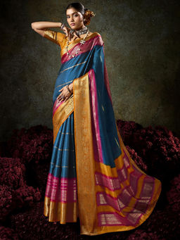 SANSKAR - Teal Jacquard Silk Zari Weave Border Saree with Unstitched Blouse