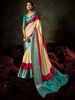 SANSKAR - Turquoise Jacquard Zari Weave Border Saree with Unstitched Blouse