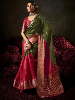 SANSKAR - Red Jacquard Silk Zari Weave Border Saree with Unstitched Blouse