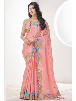 Mysilklove - Copper Peach Woven Linen Saree Without Blouse