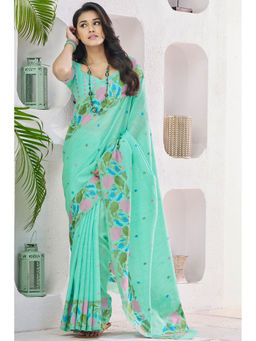 Mysilklove - Monte Carlo Green Woven Linen Saree Without Blouse