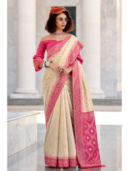 Mysilklove - Grain Cream Woven Banarasi Bandhani Silk Saree Without Blouse