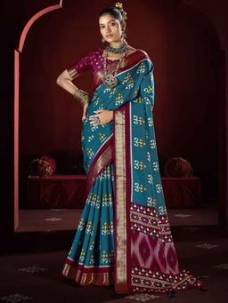 SANSKAR - Blue Printed Zari Weave Border Saree with Unstitched Blouse