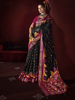 SANSKAR - Black Printed Zari Weave Border Saree with Unstitched Blouse