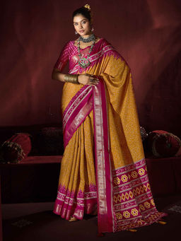 SANSKAR - Mustard Printed Zari Weave Border Saree with Unstitched Blouse