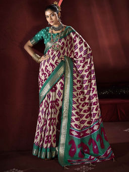 SANSKAR - Wine Printed Zari Weave Border Saree with Unstitched Blouse