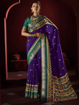 SANSKAR - Navy Blue Printed Zari Weave Border Saree with Unstitched Blouse