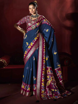 SANSKAR - Teal Printed Zari Weave Border Saree with Unstitched Blouse
