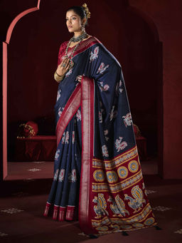 SANSKAR - Blue Printed Zari Weave Border Saree with Unstitched Blouse