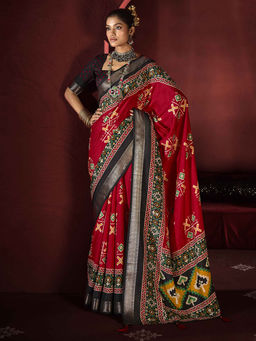 SANSKAR - Red Printed Zari Weave Border Saree with Unstitched Blouse