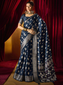 SANSKAR - Navy Blue Jacquard Zari Weave Border Saree with Unstitched Blouse