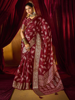 SANSKAR - Red Jacquard Silk Zari Weave Border Saree with Unstitched Blouse
