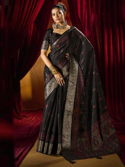 SANSKAR - Black Jacquard Zari Weave Border Saree with Unstitched Blouse