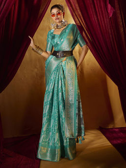 SANSKAR - Turquoise Jacquard Zari Weave Border Saree with Unstitched Blouse