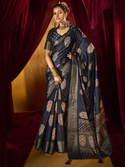 SANSKAR - Blue Jacquard Silk Zari Weave Border Saree with Unstitched Blouse