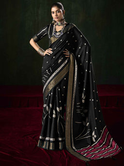 SANSKAR - Black Jacquard Zari Weave Border Saree with Unstitched Blouse