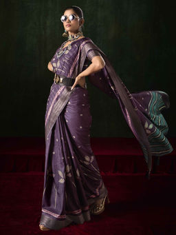 SANSKAR - Purple Jacquard Zari Weave Border Saree with Unstitched Blouse