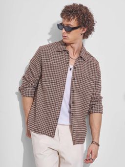 HIGHLANDER - Men Brown Self Design Oversized Fit Collar Neck Casual Shirt