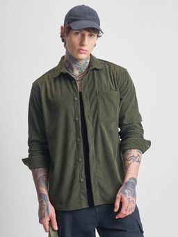 HIGHLANDER - Men Olive Textured Oversized Fit Collar Neck Casual Shirt
