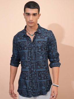 HIGHLANDER - Men Navy Blue Printed Regular Fit Collar Neck Casual Shirt