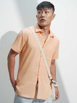 HIGHLANDER - Men Orange Checks Regular Fit Collar Neck Casual Shirt